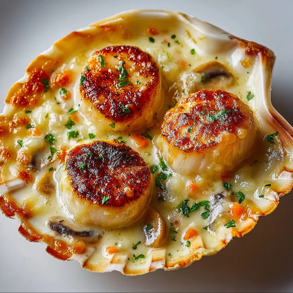 Noix de Saint-Jacques gratinées avec champignons & crème onctueuse.
