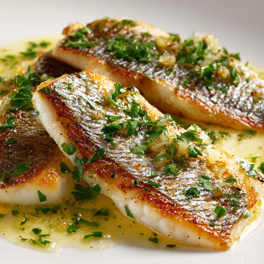 Filets de daurade nappés de beurre citron, persil et citron vert, sur assiette blanche.