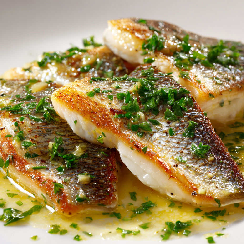 Filets de daurade au beurre citron, persil, sur assiette blanche.