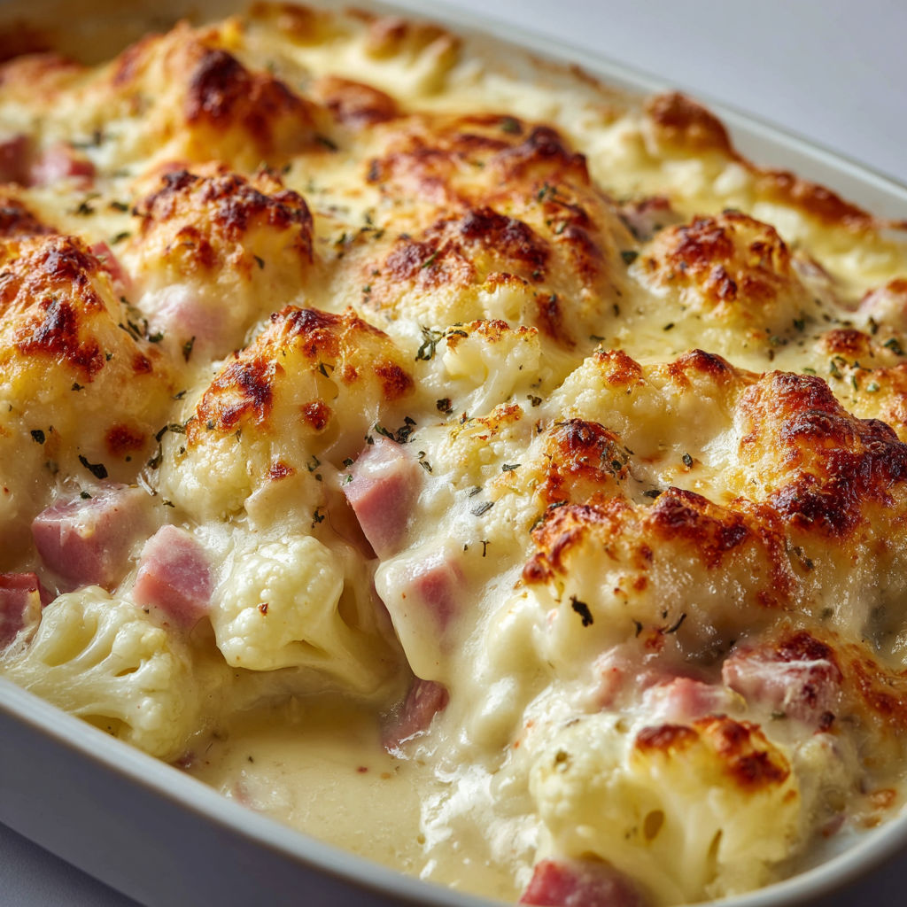 Un plat généreux de chou-fleur, jambon, et béchamel gratinés au four, prêt à être dégusté.