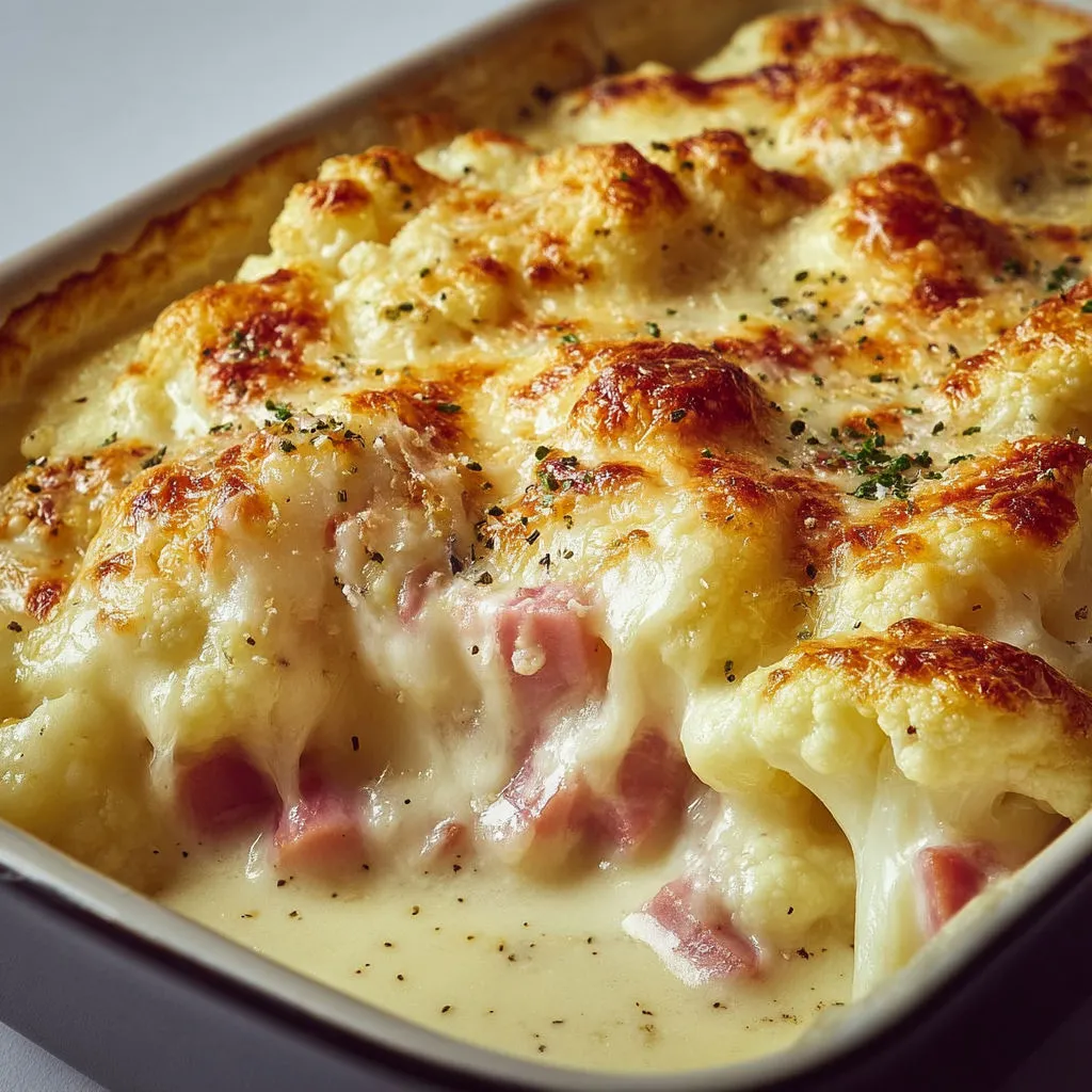Gratin doré de chou-fleur avec jambon et sauce crémeuse.