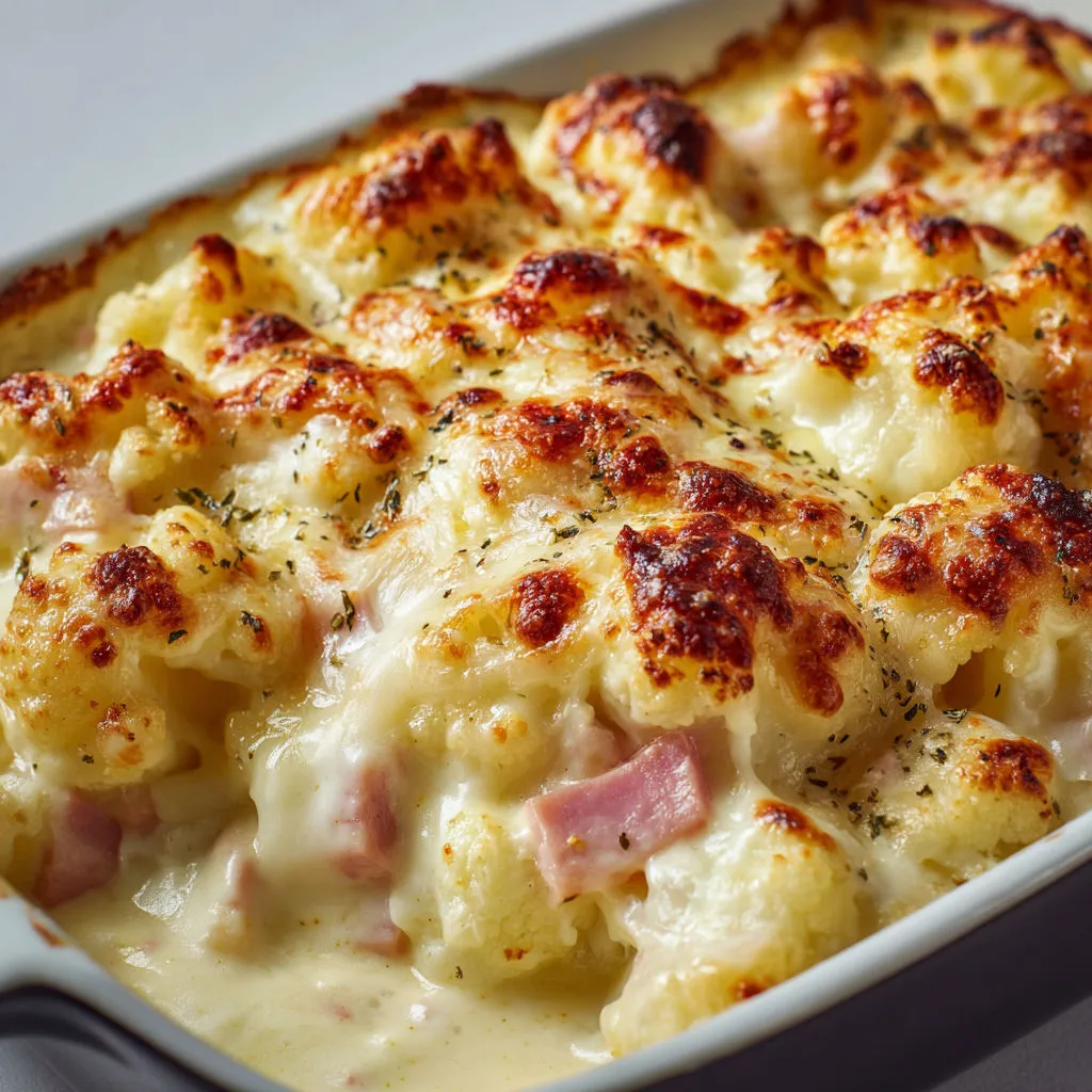 Gratin fondant de chou-fleur avec jambon et fromage bien doré, super réconfortant.