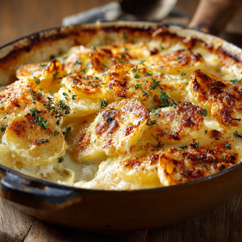 Un délicieux gratin doré de pommes de terre à l'emmental dans un plat rustique.