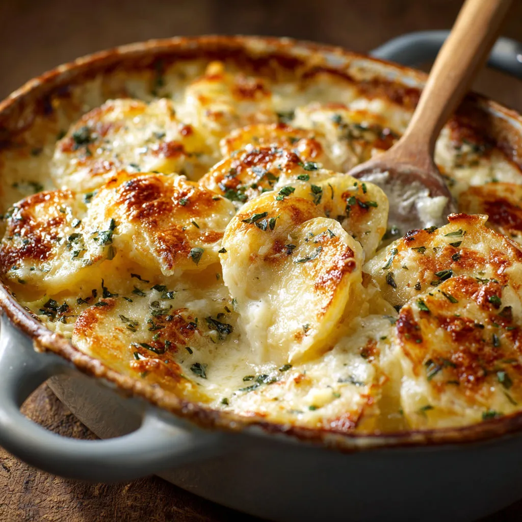 Plat gratiné de pommes de terre à l’emmental avec crème ultra fondante et croûte croustillante dores au four.