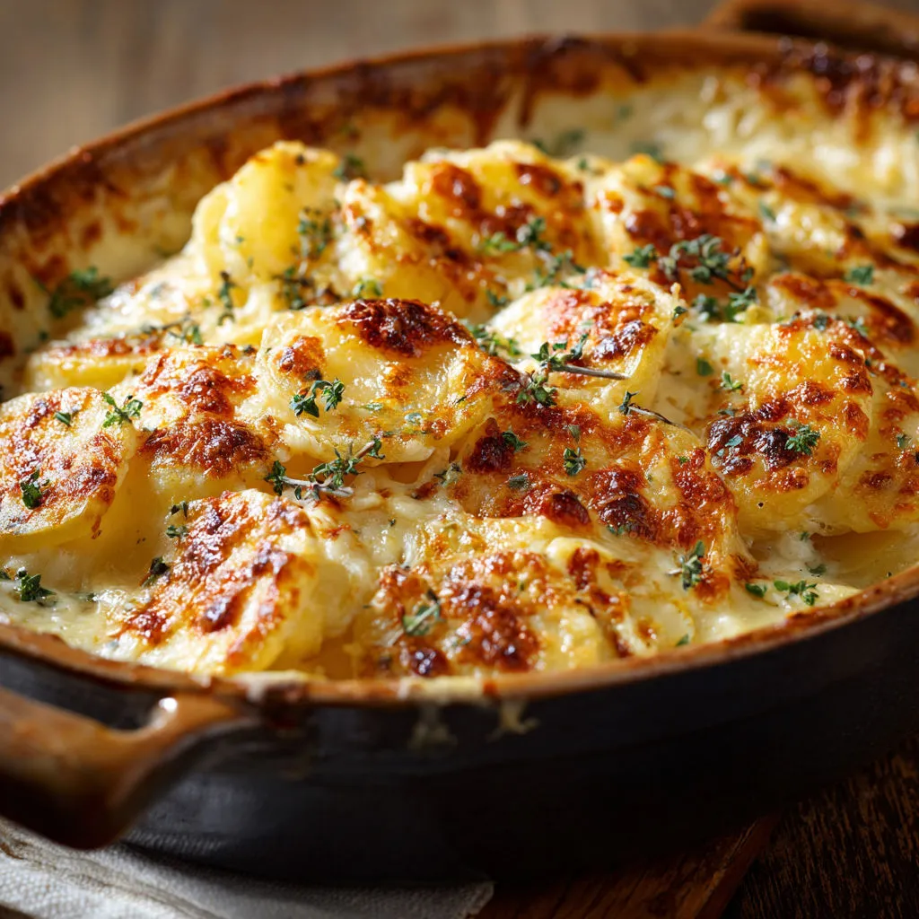 Grand plat familial de pommes de terre à l’emmental râpé, très crémeux et super gratiné au four.