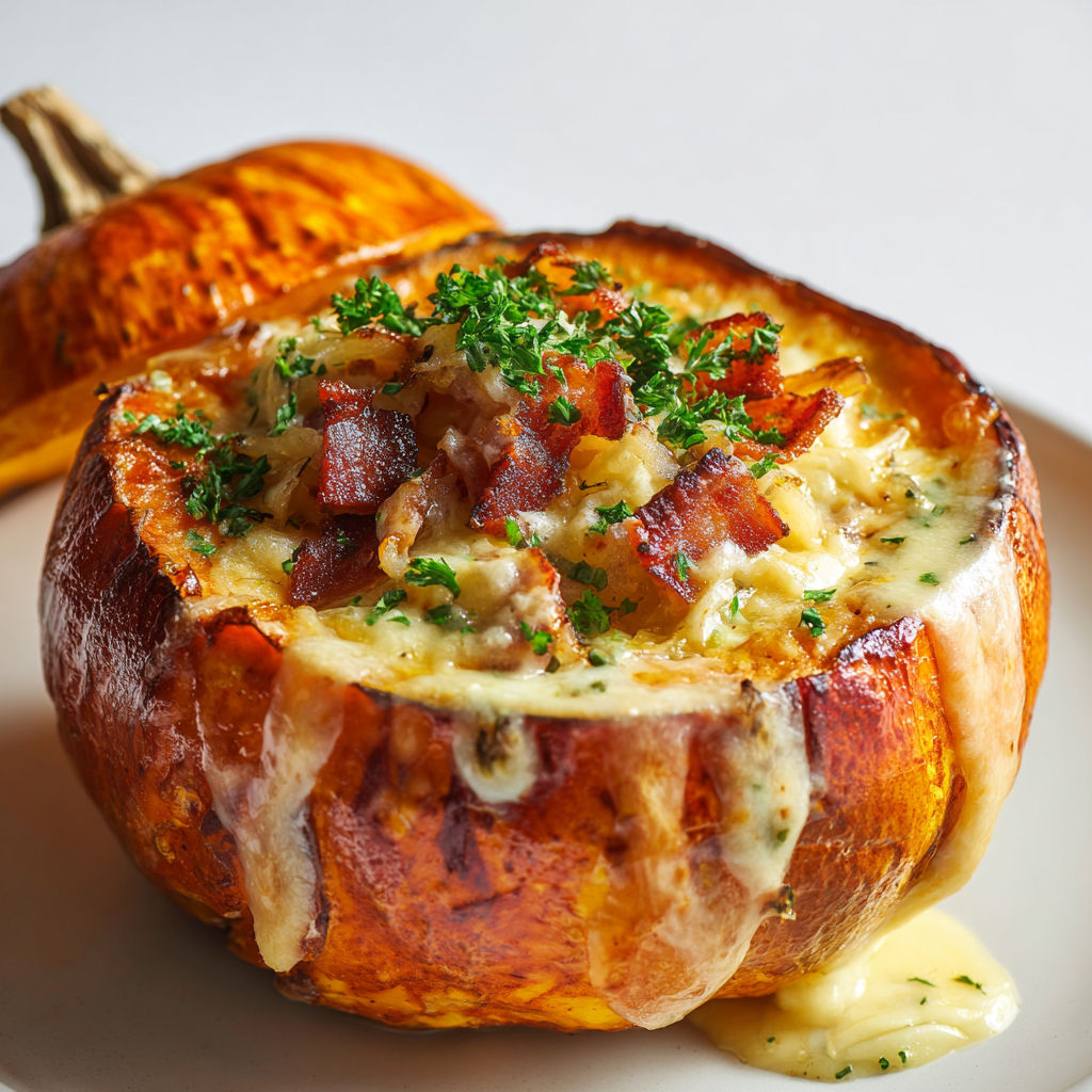Une courge gratinée, nappée de fromage fondu, accompagnée de lardons croustillants et d’herbes fraîches.