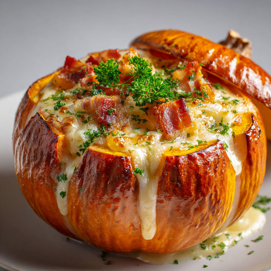 Un plat de potimarron bien fondant, garni de lardons, pommes de terre et fromage doré.