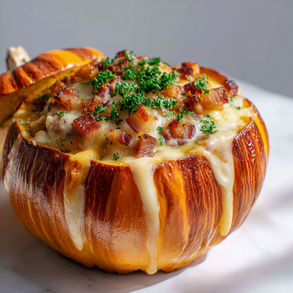 Un potimarron bien fondant, garni de lardons, d’herbes fraîches et nappé de fromage coulant.
