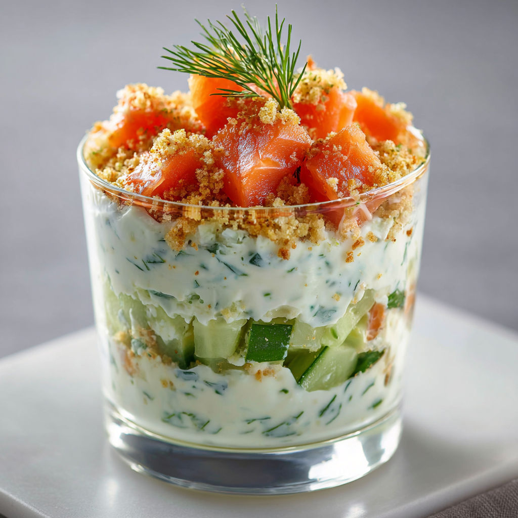Verrine avec saumon fumé, concombre et crème aneth.