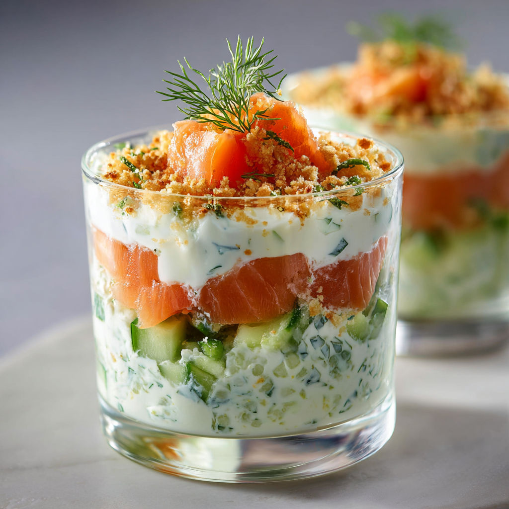 Verrines fraîches au saumon fumé et concombre croquant avec crème d’aneth.