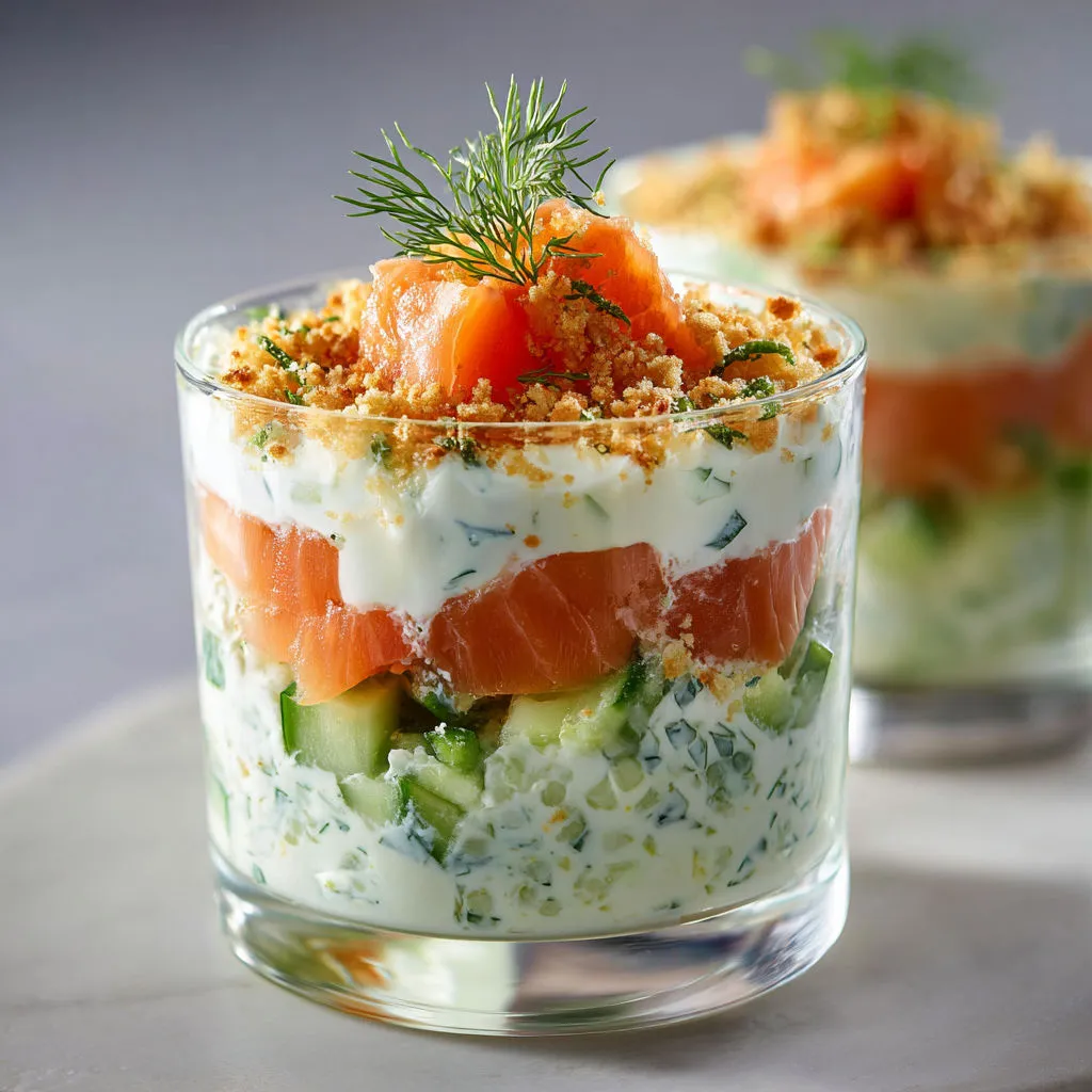 Verrines fraîches au saumon fumé et concombre croquant avec crème d’aneth.