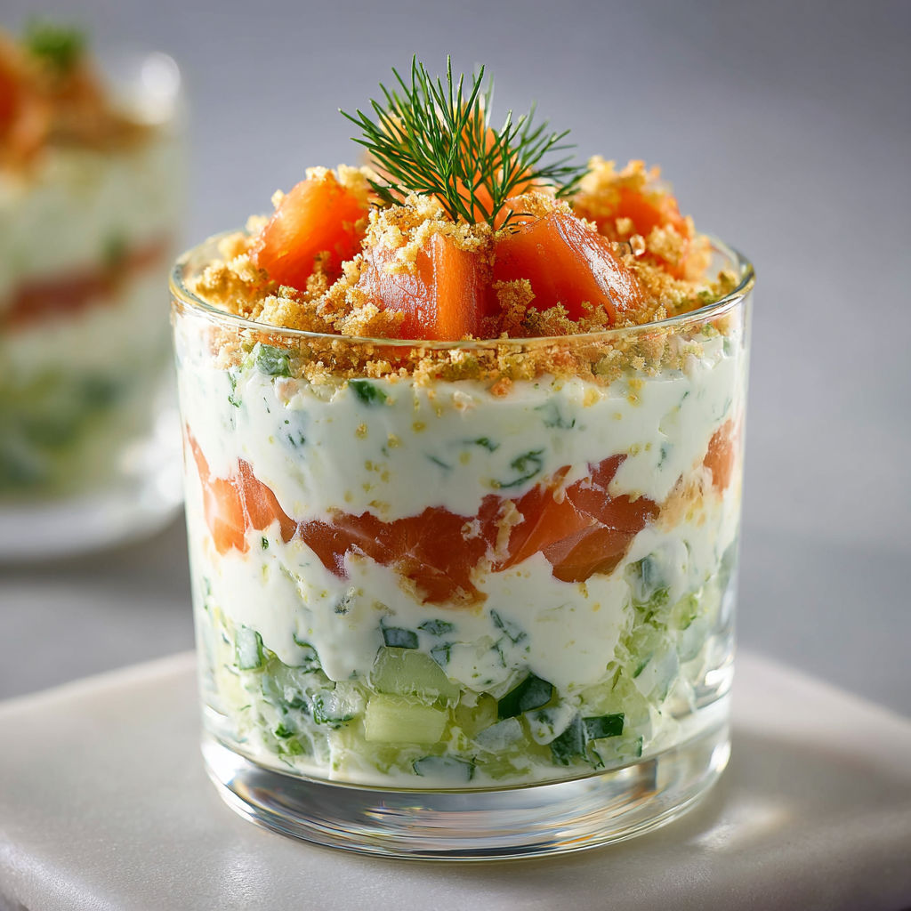 Jolies verrines apéro au saumon fumé, crème de citron et concombre frais.