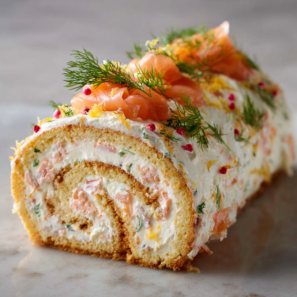 Roulé festif aux crevettes roses et saumon fumé.