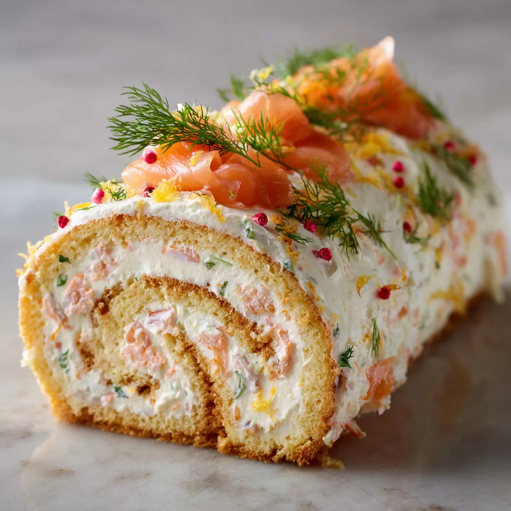 Roulé festif aux crevettes roses et saumon fumé.