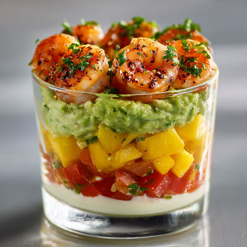 Un verre avec guacamole, mangue et crevettes grillées délicieuses.