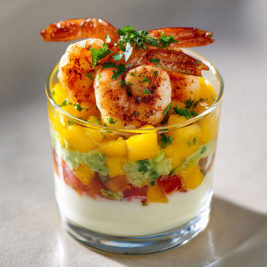 Verrines Tropicales aux Crevettes et Guacamole tout frais.