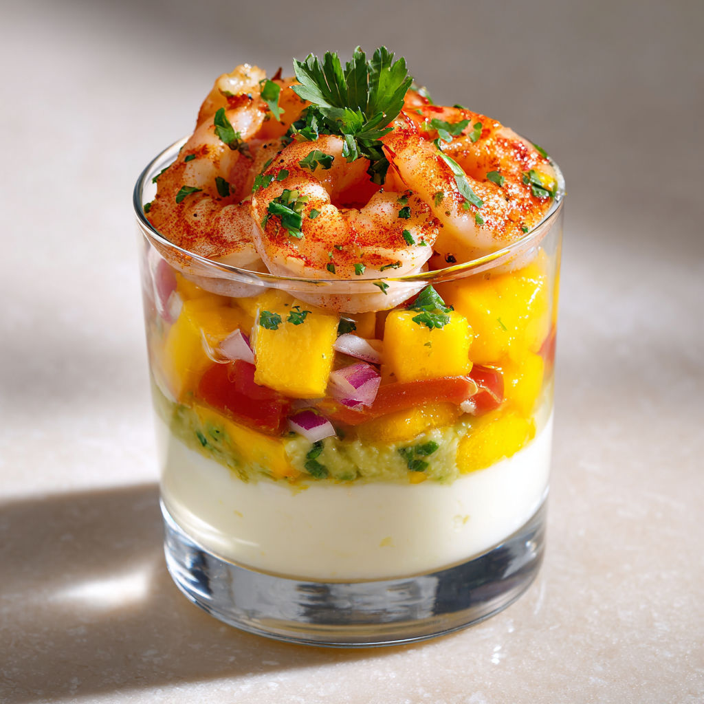 Verrines Festives aux Crevettes, Mangue et Crème d’Herbes.