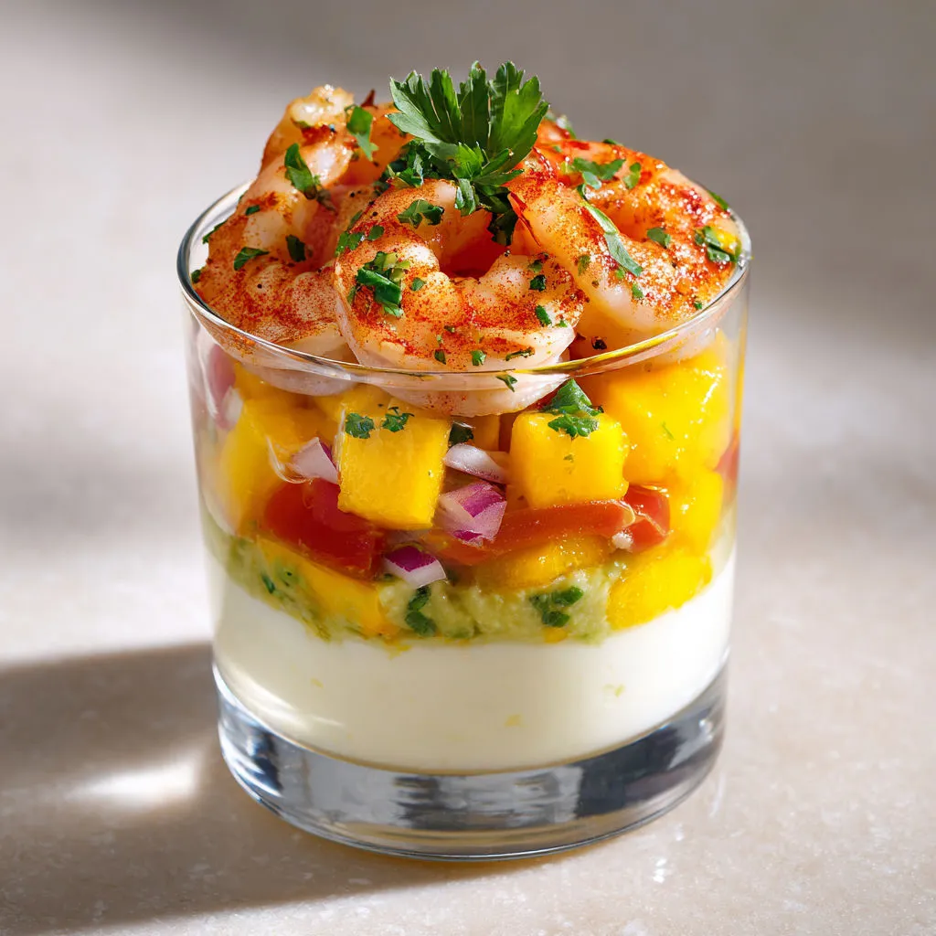 Verrines Festives aux Crevettes, Mangue et Crème d’Herbes.