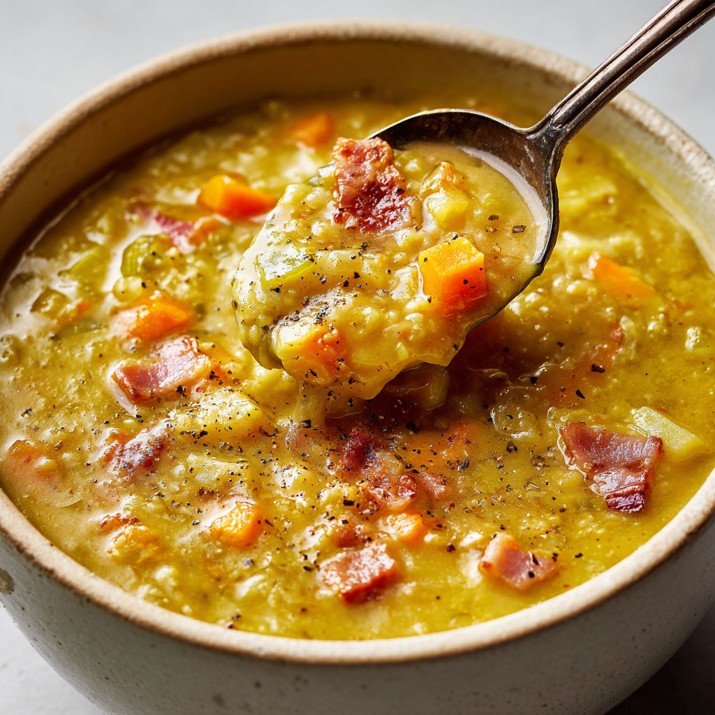 Une cuillère en argent plonge dans une soupe onctueuse aux pois cassés rustiques.