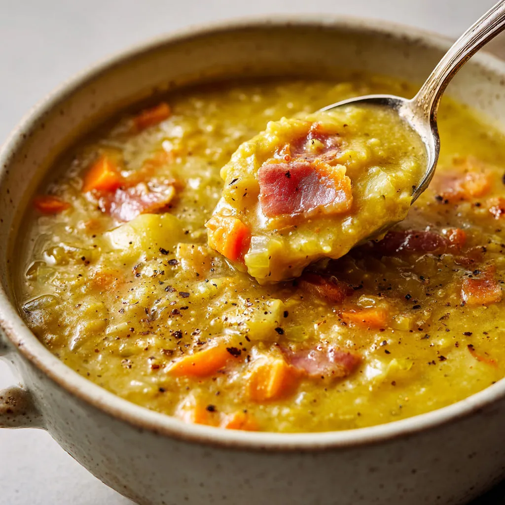 Soupe campagnarde aux pois cassés et lardons grillés.