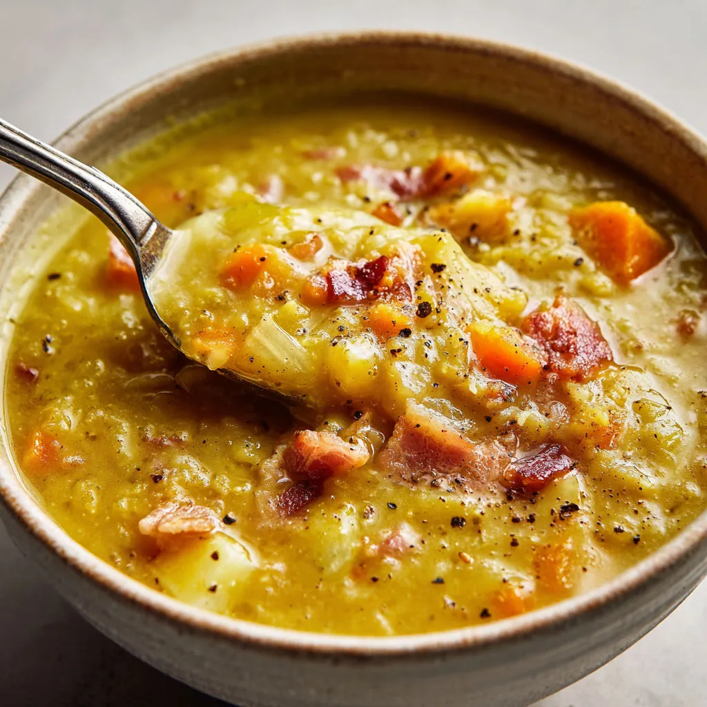 Velouté fermier pois cassés et lardons dorés.