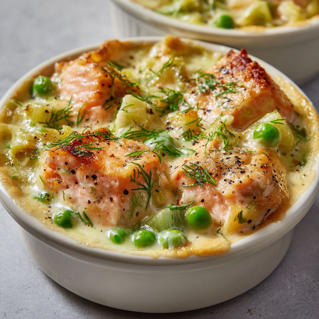Plat gourmand de saumon, poireaux et pois.