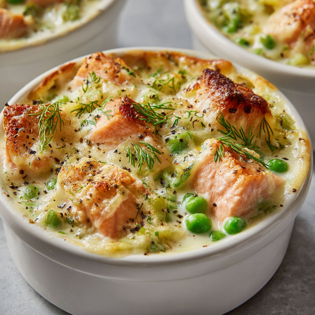 Cassolettes Gourmandes Saumon Poireau Petits Pois.