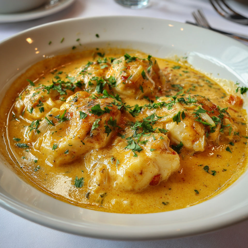 Une présentation élégante de cabillaud à la bisque de homard.
