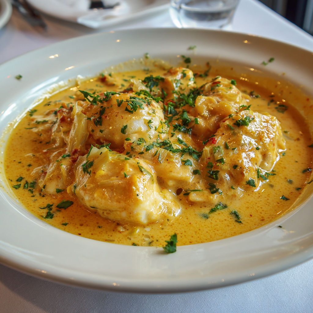 Blanquette de cabillaud façon bisque de homard, crémeuse et gourmande.
