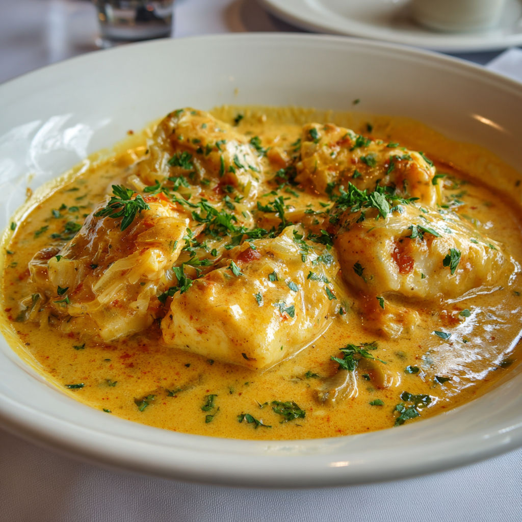 Blanquette crémeuse de cabillaud à la bisque, présentation chaleureuse.
