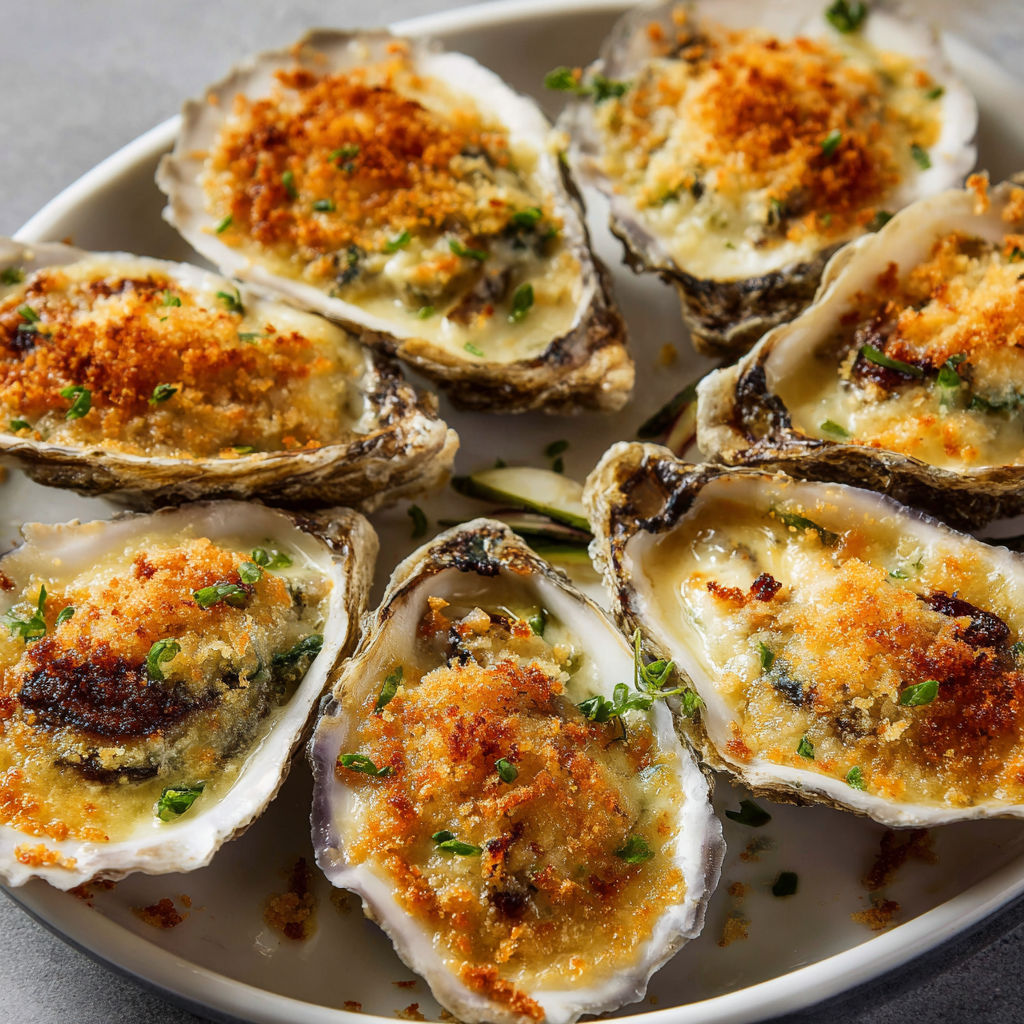 Huîtres sorties du four, crème aux échalotes et croûte dorée.