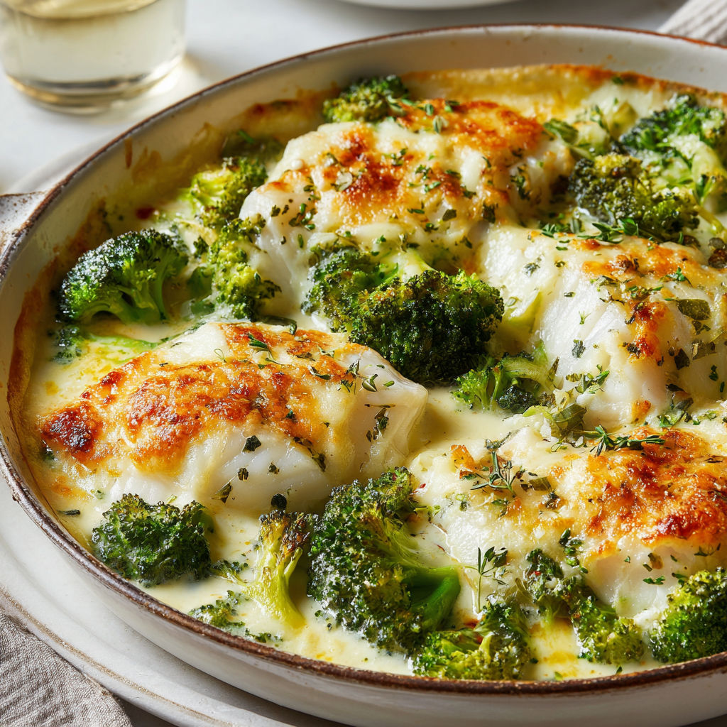 Un gratin de poisson fondant et légumes verts.