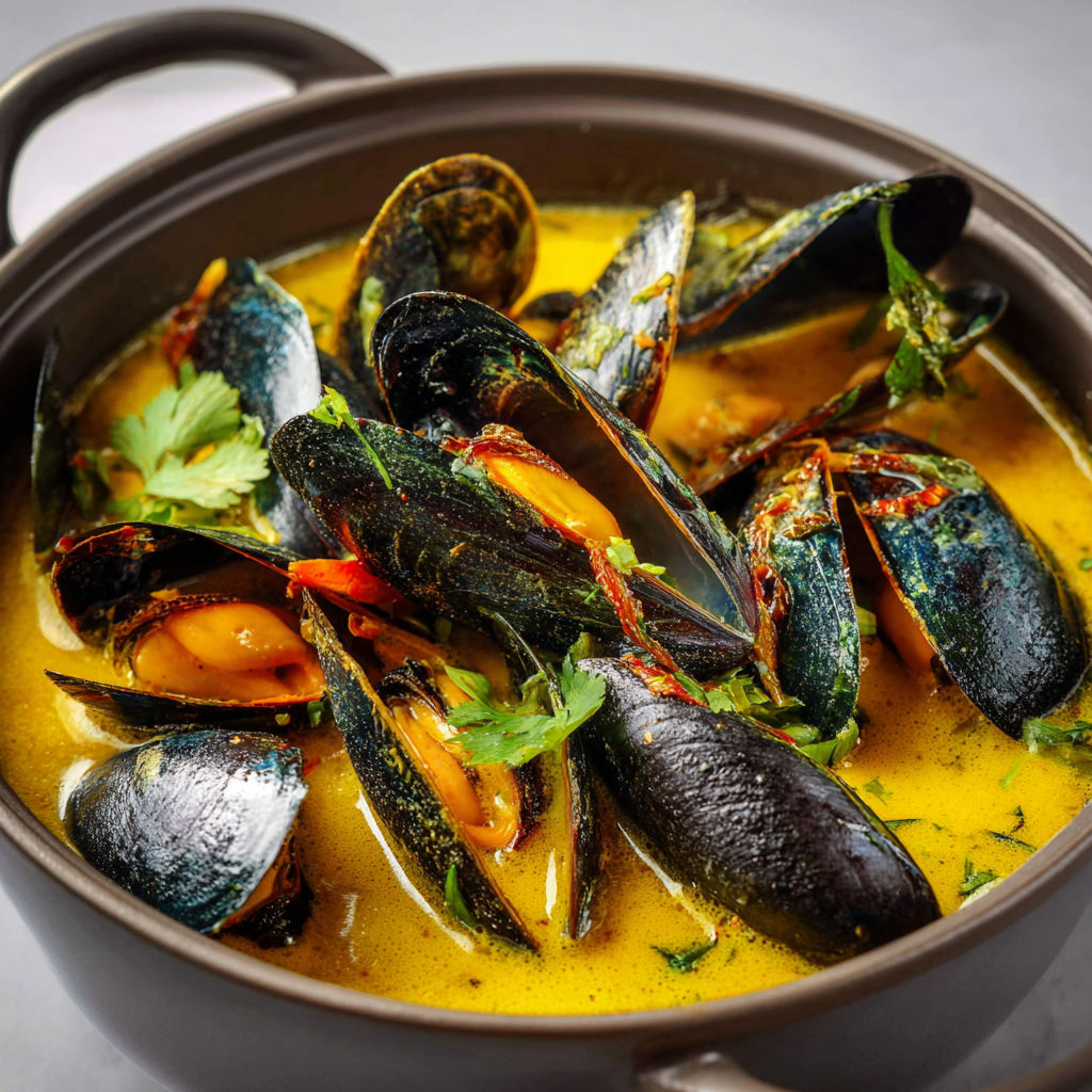 Moules avec une soupe crémeuse et épicée, accompagnées d’herbes fraîches.