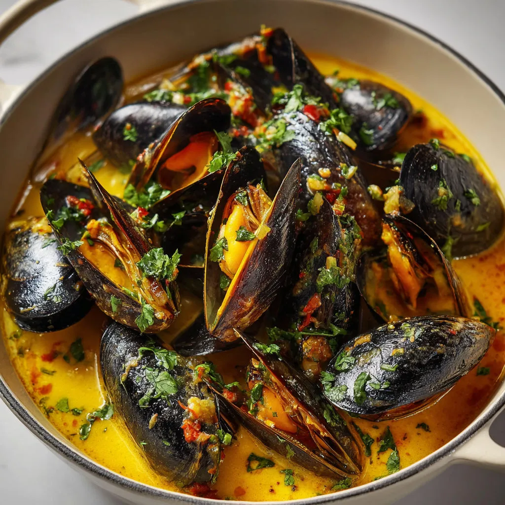 Bols de soupe de moules aux herbes fraîches.