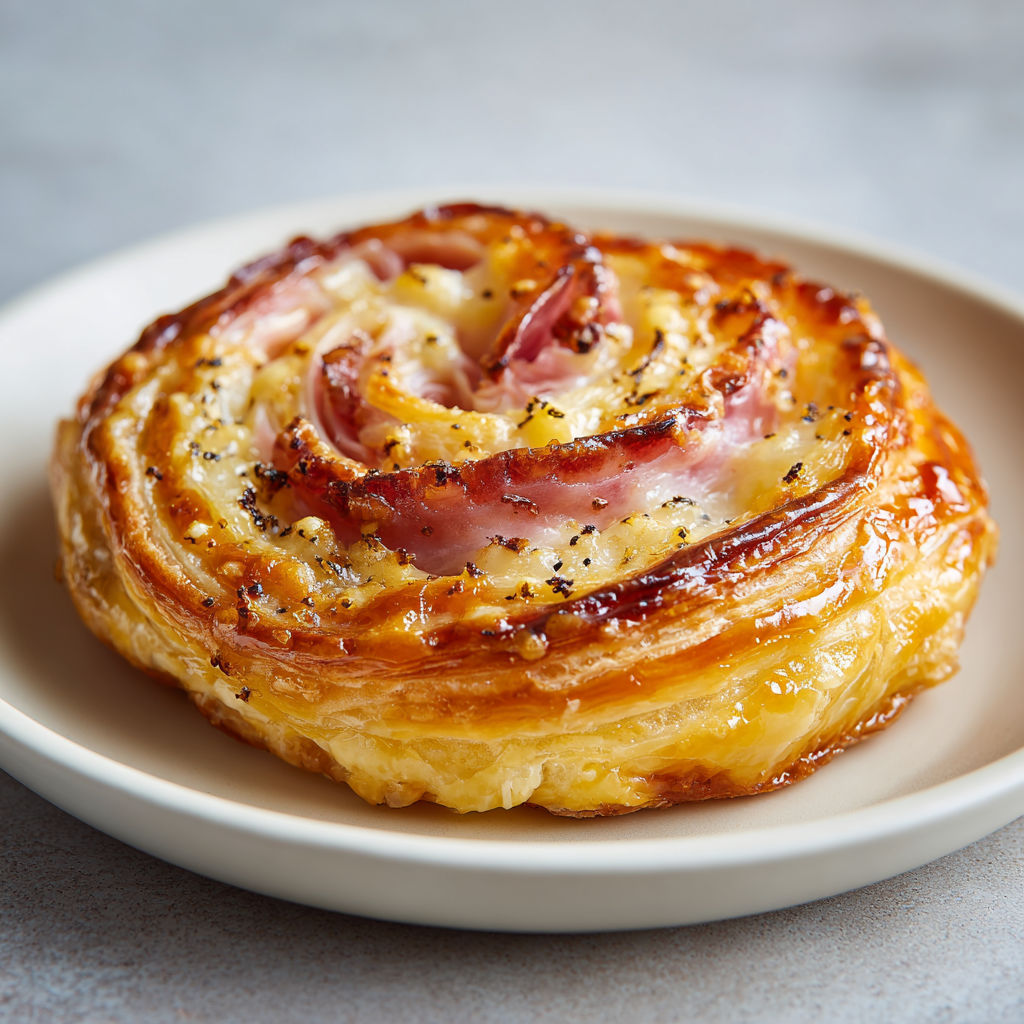 Un feuilleté croustillant fromage et jambon sur un plateau.