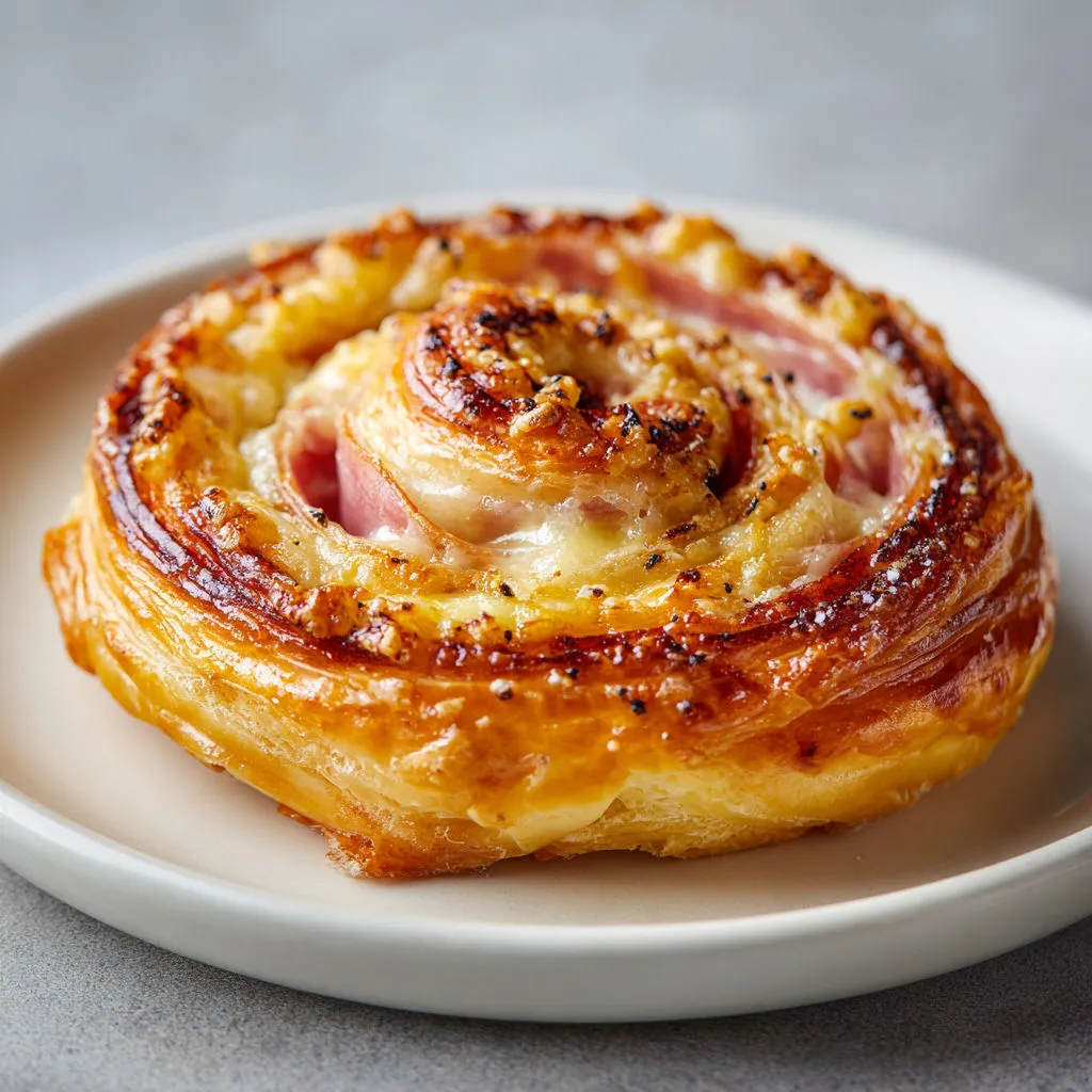 Feuilleté roulé jambon fromage bien croustillant et doré, cœur tout fondant prêt à découvrir.