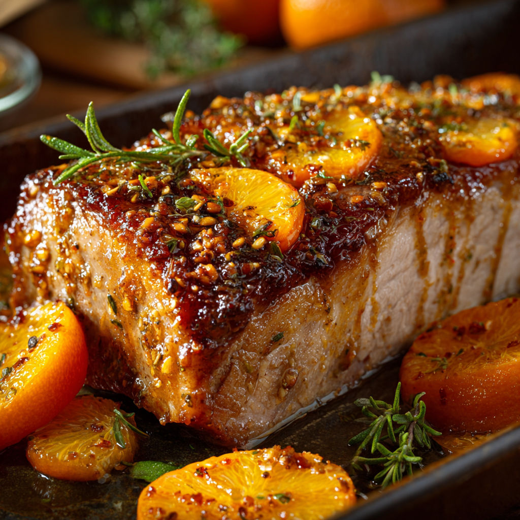 Porc caramélisé et clémentines avec herbes fraîches.