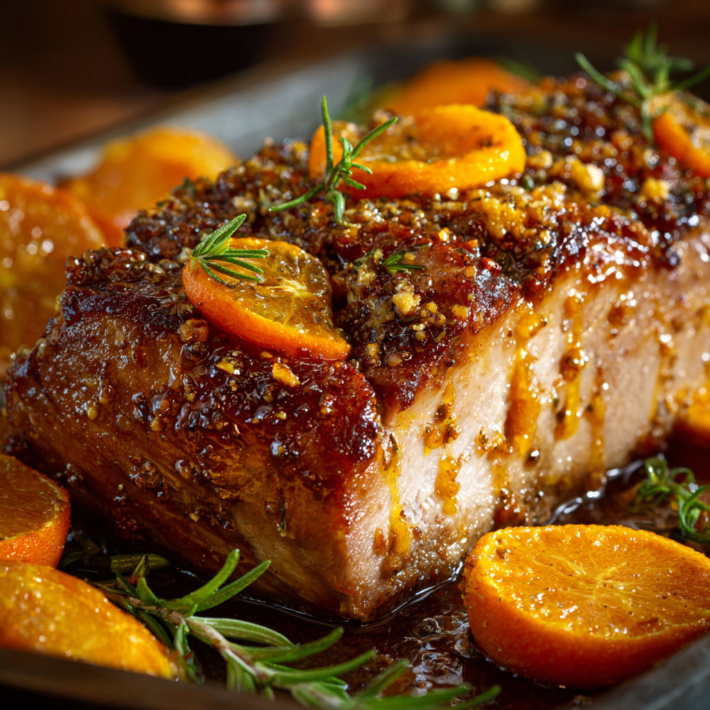 Porc caramélisé au miel et clémentines fondantes.