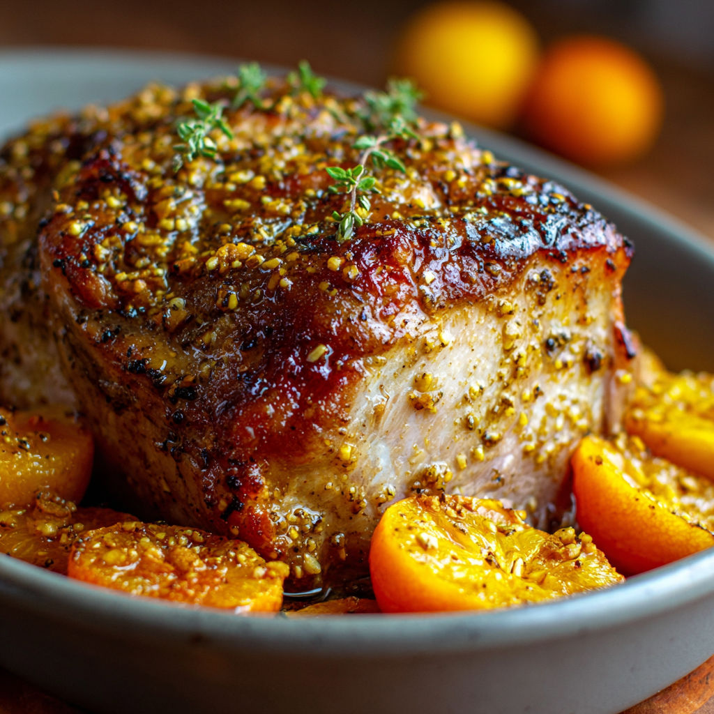 Porc rôti doré aux clémentines et sauce sucrée-salée.