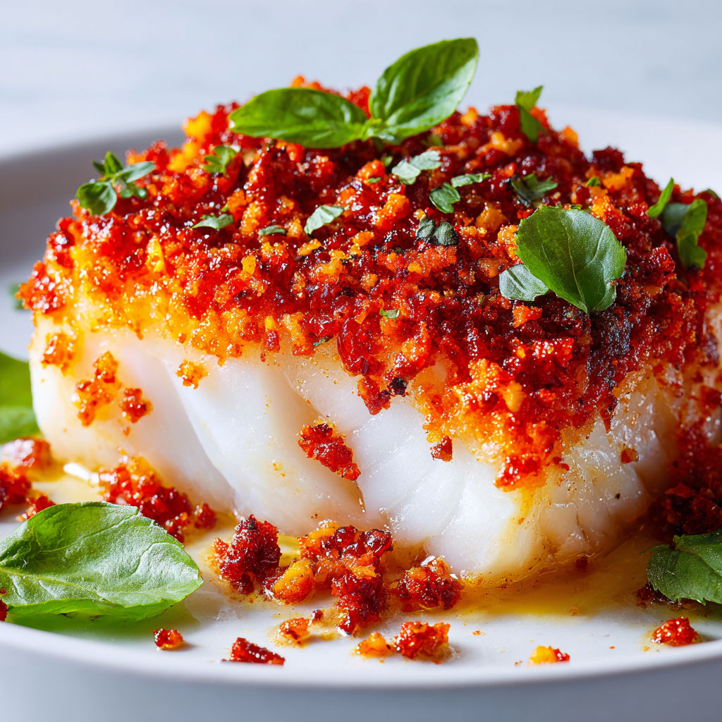 Filet de cabillaud en croûte de chorizo servi sur un plat élégant.