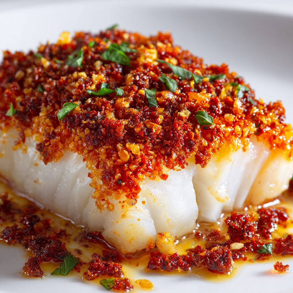 Cabillaud doré recouvert de chorizo croustillant et parmesan fondant.