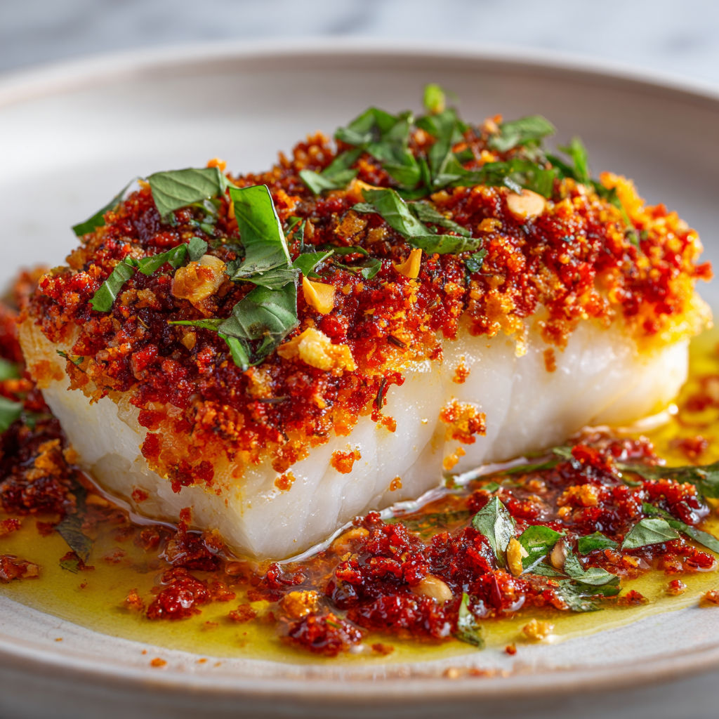 Pavé de cabillaud façon chorizo, basilic et pignons croquants.