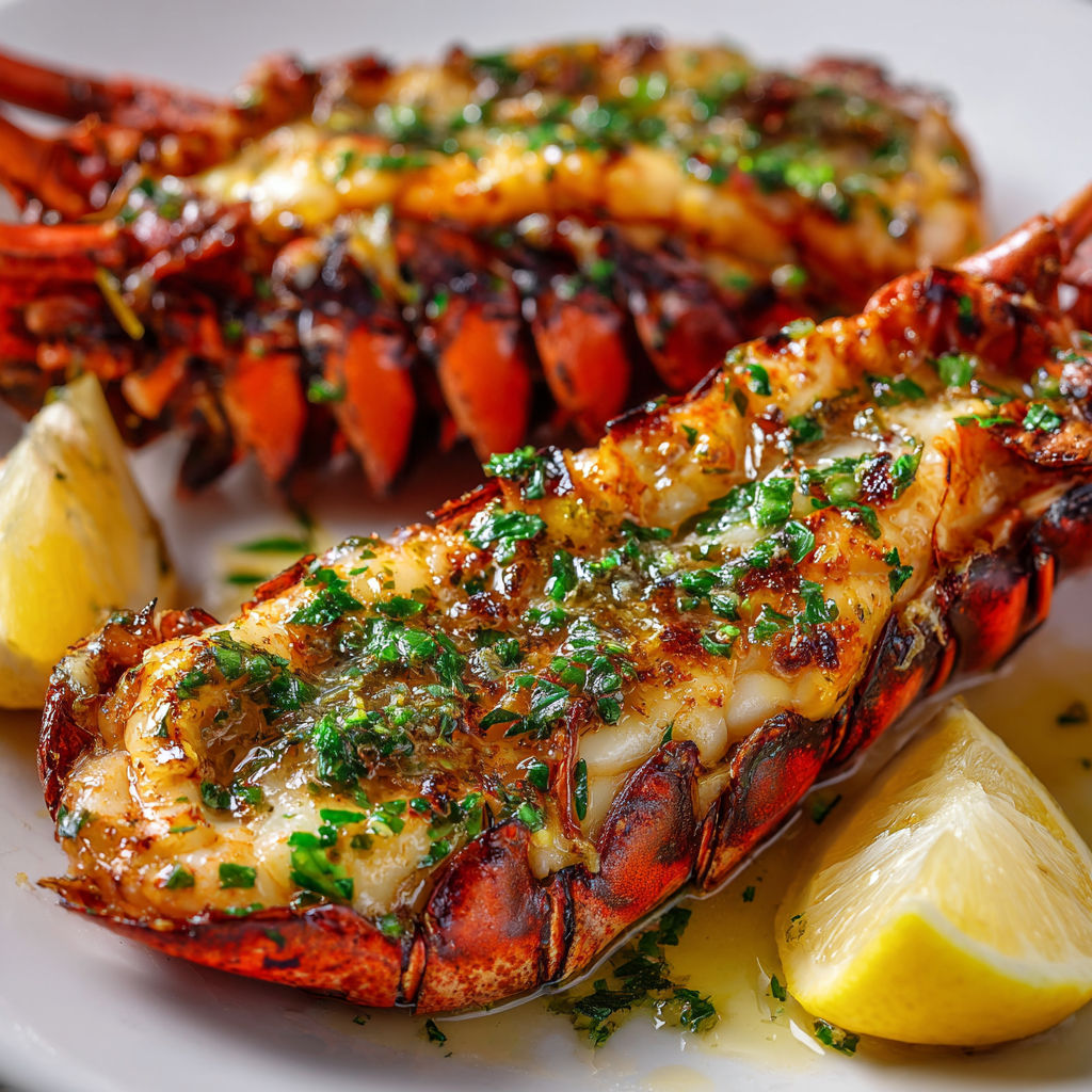 Un homard entier grillé avec herbes et citron.