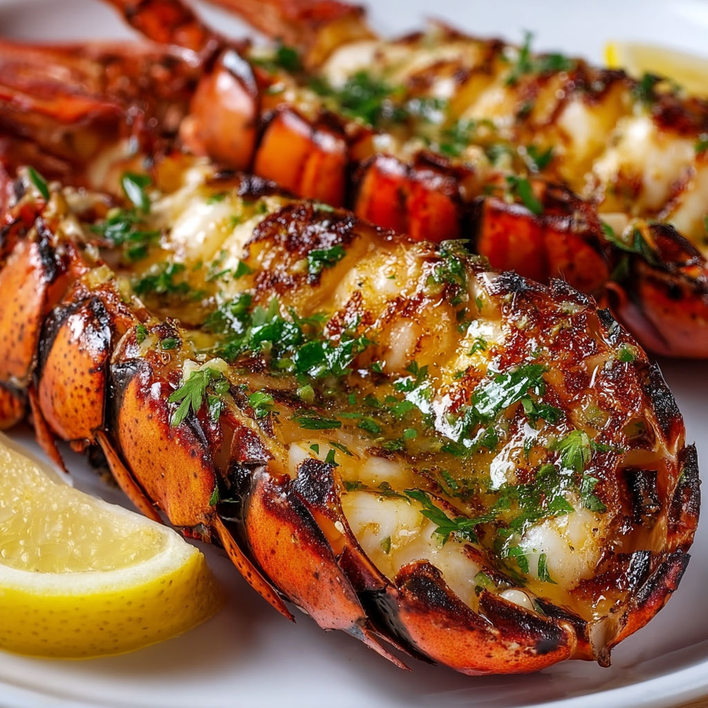 Homard grillé servi avec beurre aux herbes et quartiers de citron.