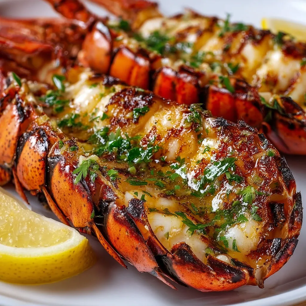 Homard grillé servi avec beurre aux herbes et quartiers de citron.