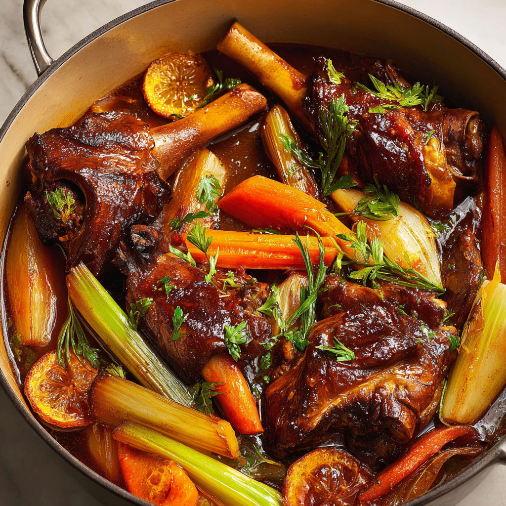 Jarrets d’agneau rôtis au miel de sarrasin.