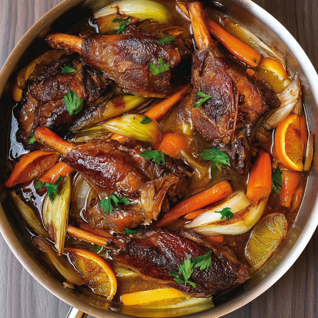 Jarrets d’agneau mijotés au miel et agrumes.