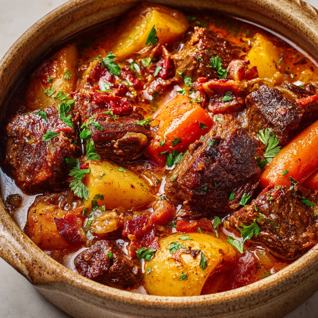 Une assiette appétissante de bœuf modé d'antan avec des légumes et herbes fraîches.