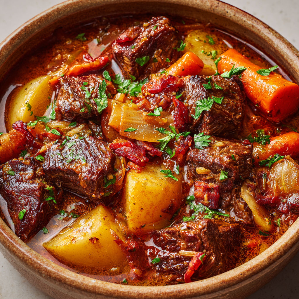 Bœuf mode tendre aux légumes et vin rouge.