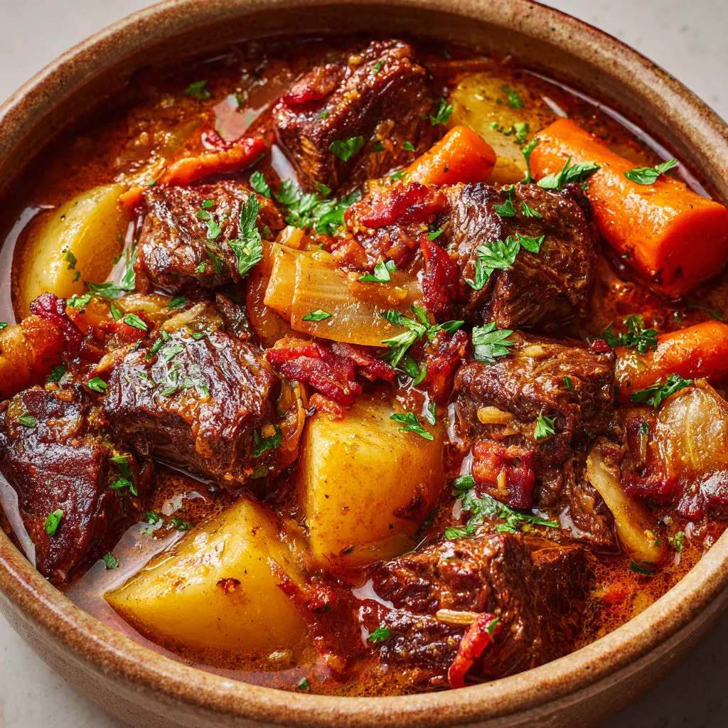 Bœuf mode tendre aux légumes et vin rouge.